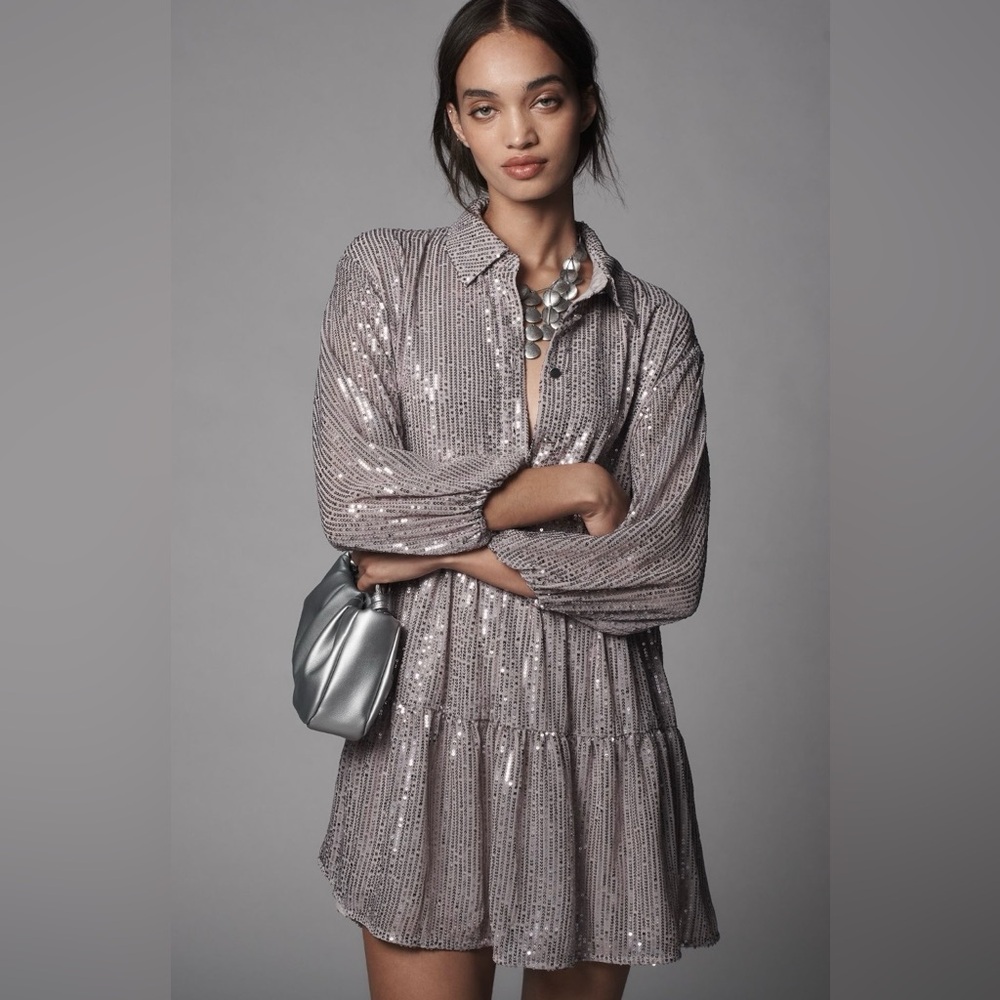 Anthropologie The Bettina Tiered Shirt Dress by Maeve: Mini Sequin Edition